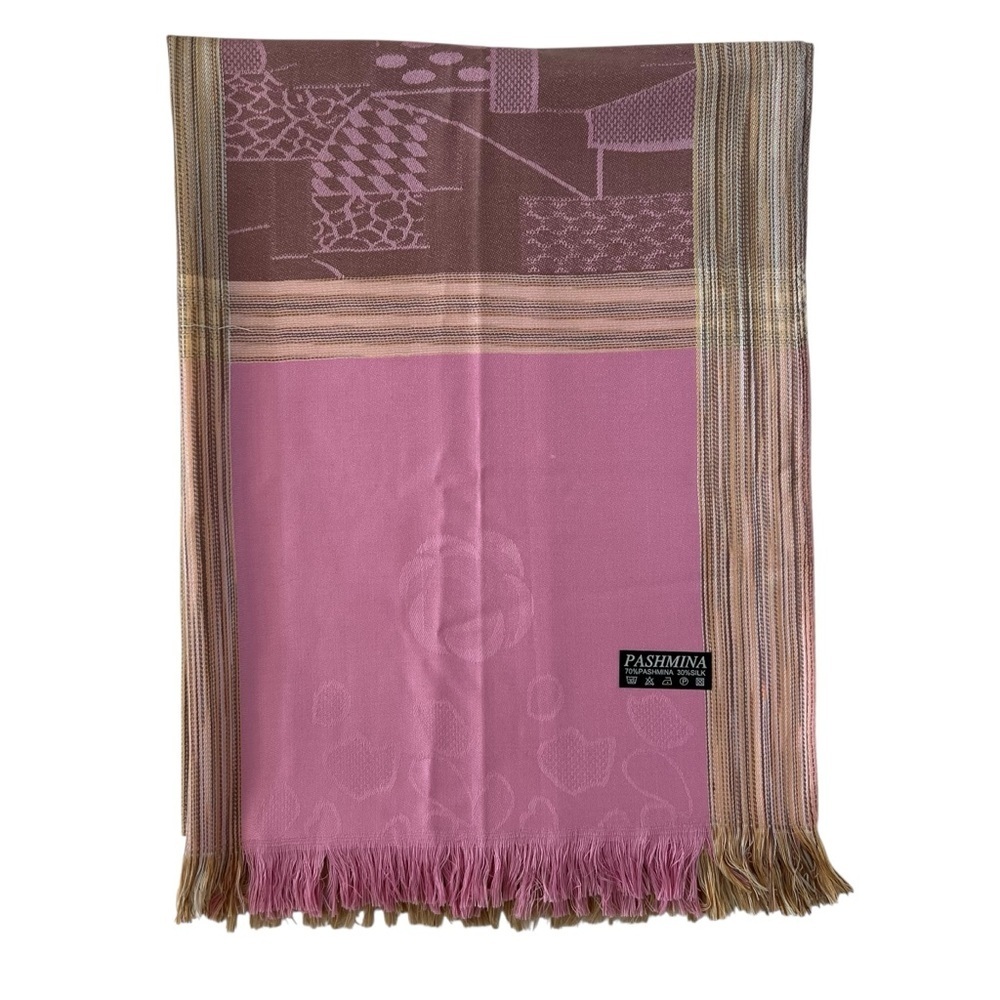 Geometric Pink Brown Silk Pashmina Fringe Shawl‎ Scarf